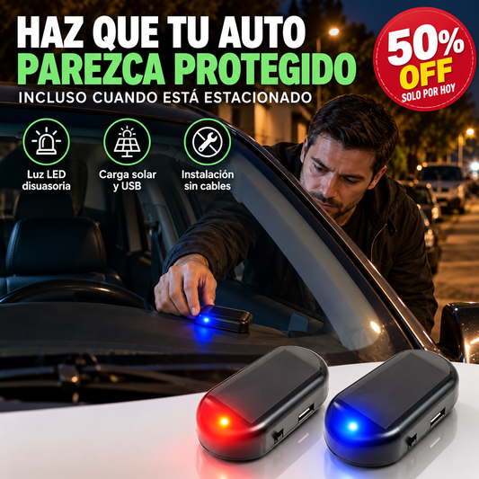 AutoShield® Protección visual inteligente para tu auto 🔵 Luz disuasoria LED · ☀️ Carga solar · 🔌 USB Más tranquilidad cada vez que estacionas.