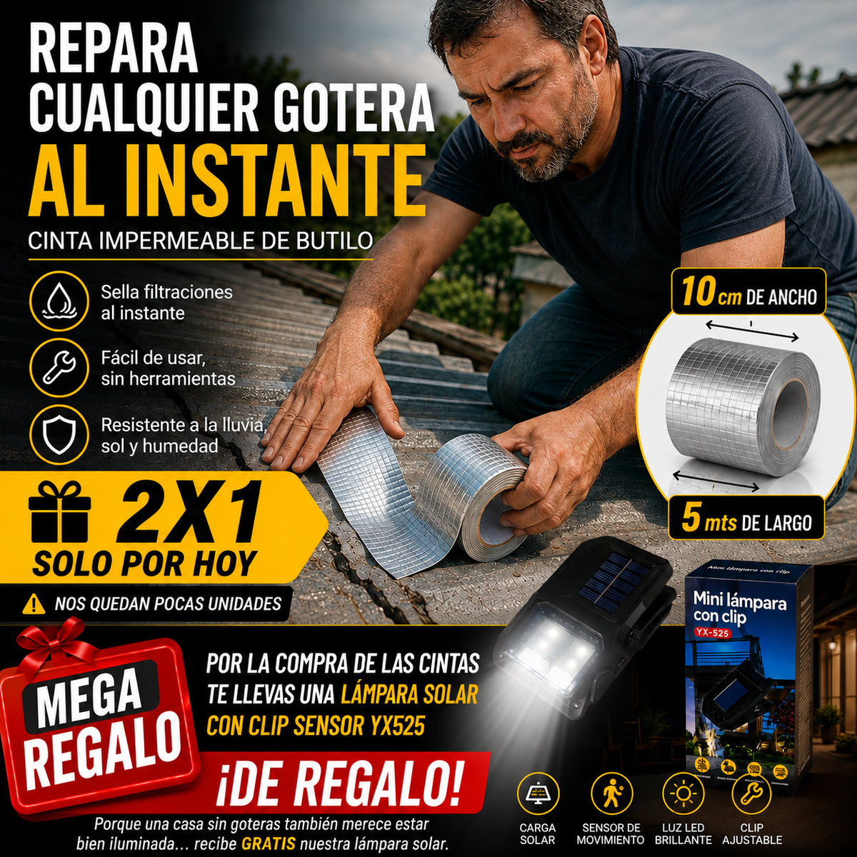 Cinta Tapa Gotera De Butilo 10cm X 5mts 2x1