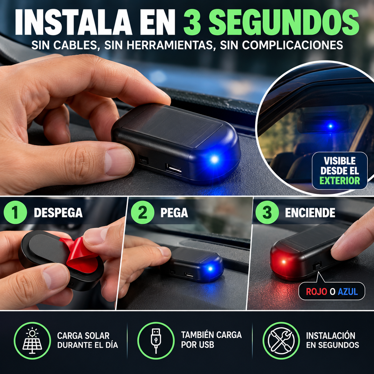 AutoShield® Protección visual inteligente para tu auto 🔵 Luz disuasoria LED · ☀️ Carga solar · 🔌 USB Más tranquilidad cada vez que estacionas.