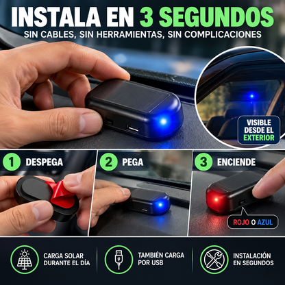 AutoShield® Protección visual inteligente para tu auto 🔵 Luz disuasoria LED · ☀️ Carga solar · 🔌 USB Más tranquilidad cada vez que estacionas.