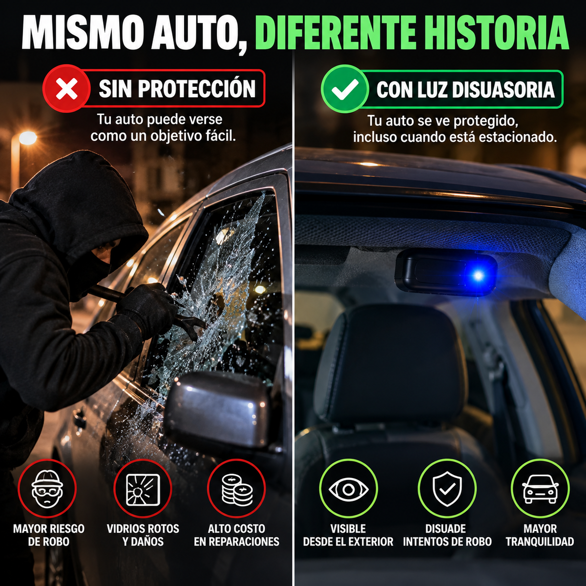 AutoShield® Protección visual inteligente para tu auto 🔵 Luz disuasoria LED · ☀️ Carga solar · 🔌 USB Más tranquilidad cada vez que estacionas.