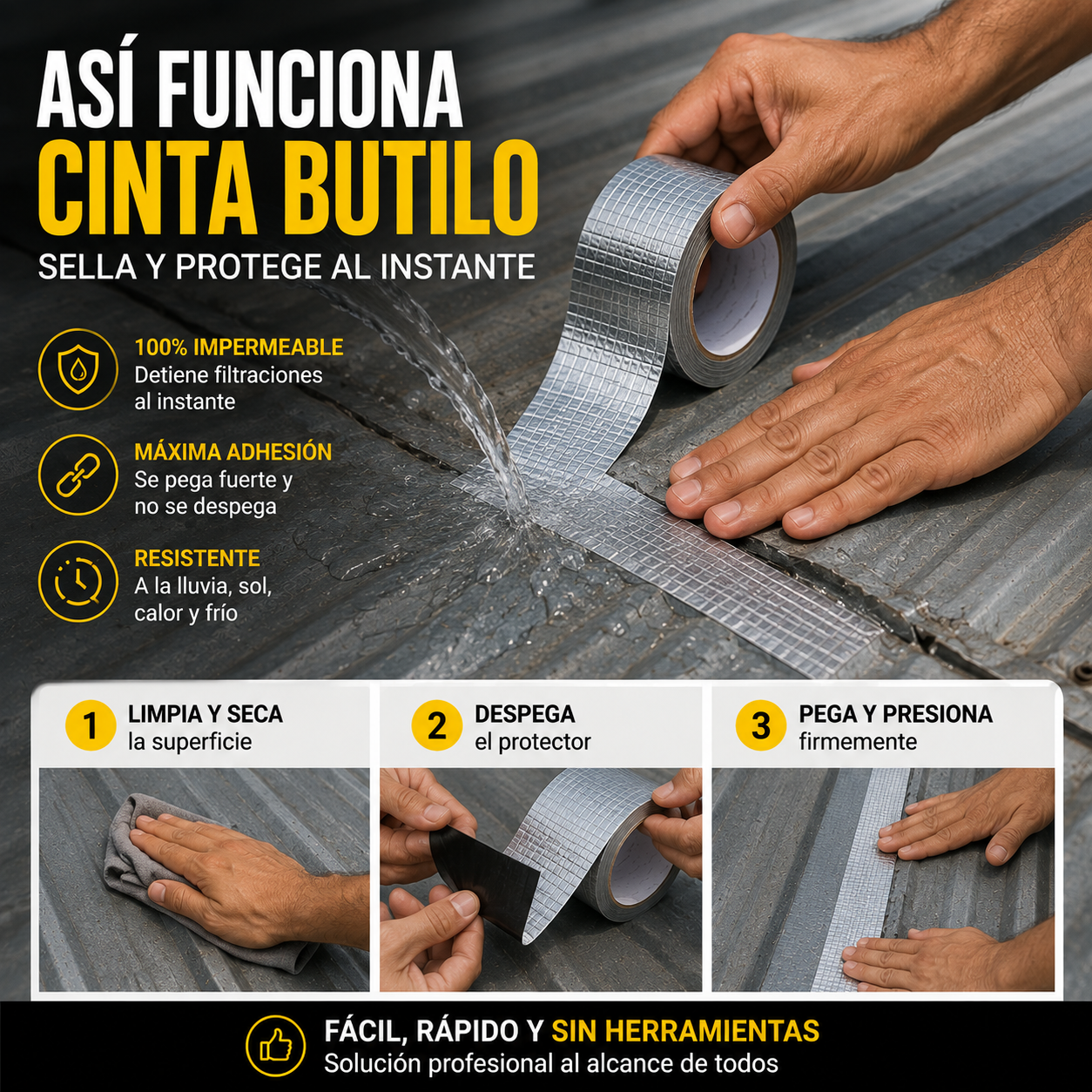 Cinta Tapa Gotera De Butilo 10cm X 5mts 2x1