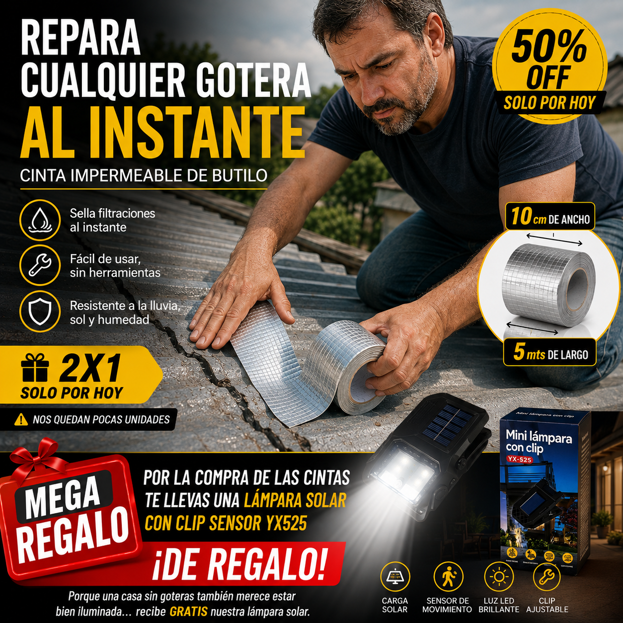 Cinta Tapa Gotera De Butilo 10cm X 5mts 2x1